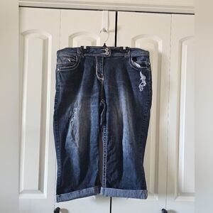 Penningtons Dark Blue Distressed Denim Capri  Cropped Jeans Sz 20